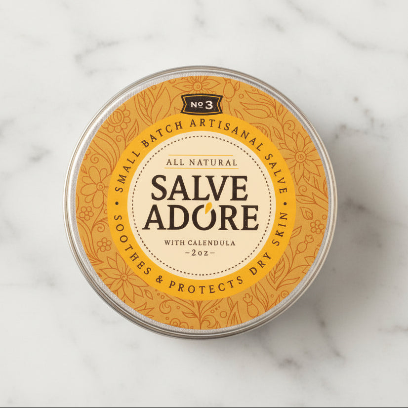Salve Adore tin with decorative label on a white background